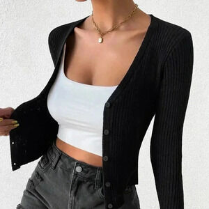 Black Casual Women's Ribbed Knit Button Front Cardigan